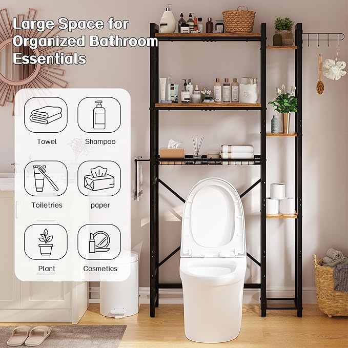 Over The Toilet Storage with Side Shelf, 7 Tier Bathroom Organizer Rack with Paper Holder, Hooks and Basket, Freestanding Above Toilet Shelf for Laundry, Quick Interlock Install (Vintage Brown)