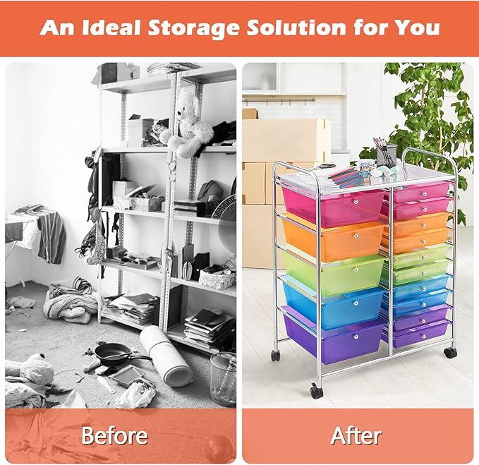 GOFLAME 15-Drawer Rolling Storage Cart, Craft Storage Cart with Removable Drawers & Lockable Wheels, Art Cart Supply Storage Organizer for Home Office Classroom, Rainbow
