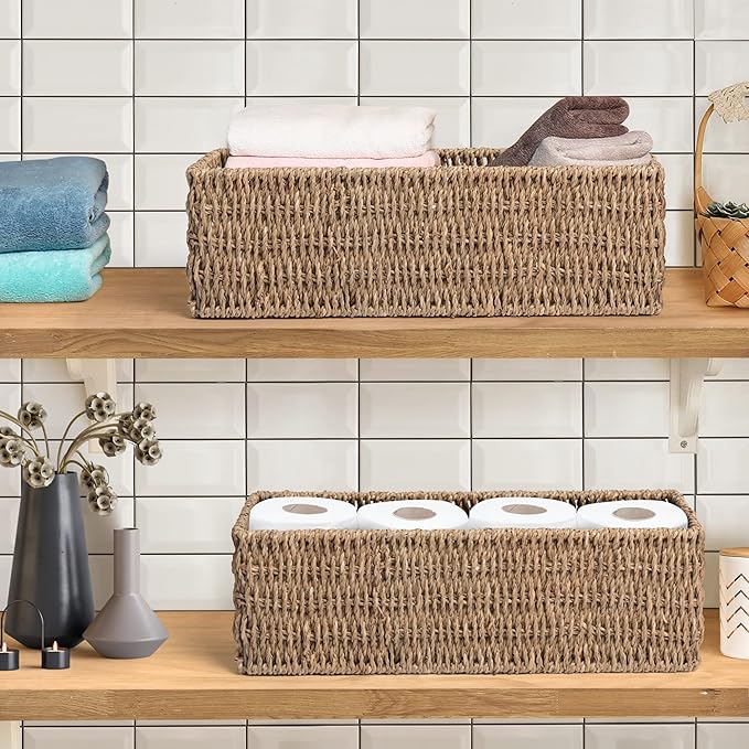 JS HANGER Toilet Paper Storage Basket Set of 2, Over The Tank Holder Organizer, 14.9 Inch Woven Seagrass Wicker Bin for Bathroom Organization