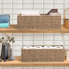 JS HANGER Paper Storage Basket, Metal Frame, Set of 2, 14.9"L x 6.3"W x 4.7"H, Wicker Basket for Pantry, Toilet, Bathroom, Bedroom, Patio Storage Baskets for Shelves