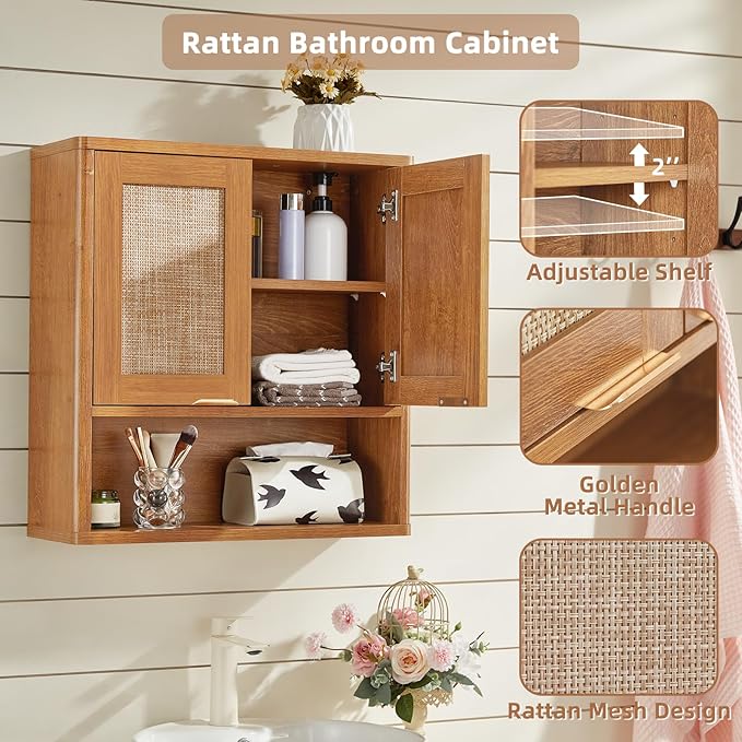 LEYAOYAO Rattan Bathroom Wall Cabinet, Boho Medicine Cabinet with Adjustable Shelf & Doors, Over The Toilet Storage Cabinets Organizer for Laundry Room, Kitchen, Living Room, Tea Brown