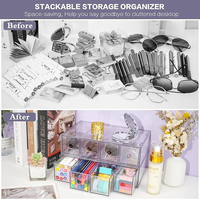 Desk Organizer with 8 Drawers, FODIENS 2 Packs Stackable Desktop Storage Box with Removable Drawer, Clear Sunglasses Organizer Display Case for Stationery Marker Pens Eyeglasses Office Supply