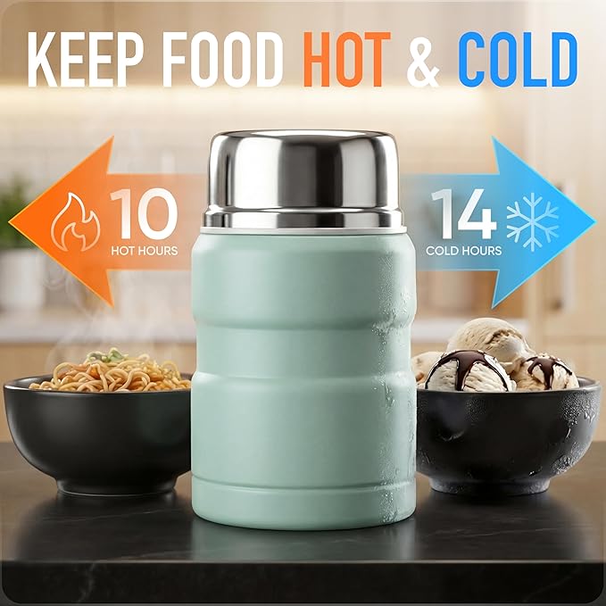 Earth&ME 17 OZ Soup Thermo for Hot & Cold Food for Kids, Vacuum Insulated Steel Lunch Container, Kids Wide Mouth Bento Thermal Food Jar, Warm Food Lunchbox Thermo Bowls with Spoon (Mint)