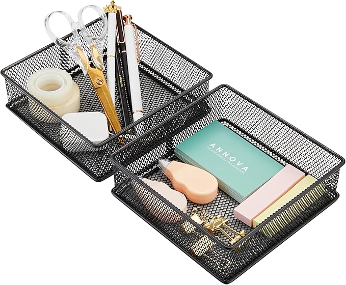 Annova Mesh Stackable Drawer Cabinet and Shelf Organizer Bins Storage Basket School Office Supply Holder Tray- Set of 2 (Black, 6x6x2 Inch)