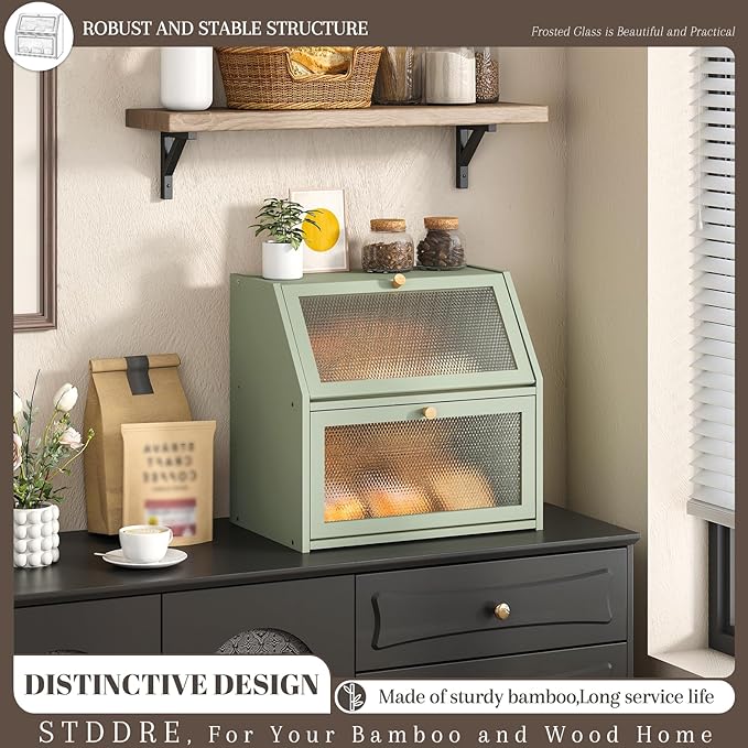 Bread Box for Kitchen Countertop Bin Double Layer Bread Box Storage Container Extra Large Capacity Farmhouse with Diamond Pattern Windows (Green, Extra Large)