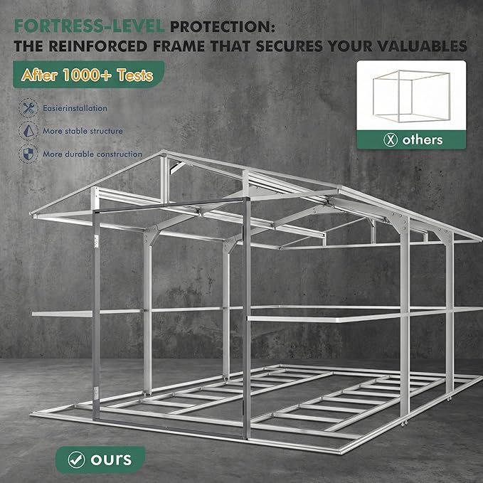 WACASA 10x16 FT Metal Shed with Base Frame Floor Kit | Heavy-Duty Military-Grade 20-Gauge Reinforced Frame with Powder Coating | 50 PSF Snow Load & 120 MPH Wind Rated | Skylight Tiny House Building