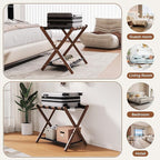 26.77" Full Assembled Luggage Rack for Guest Room, Set of 2 Bamboo Foldable Suitcase Stand, Bedroom & Hotel, Folding Luggage Holder with 5 Nylon Straps, 600D Oxford Fabric Shelf Walnut