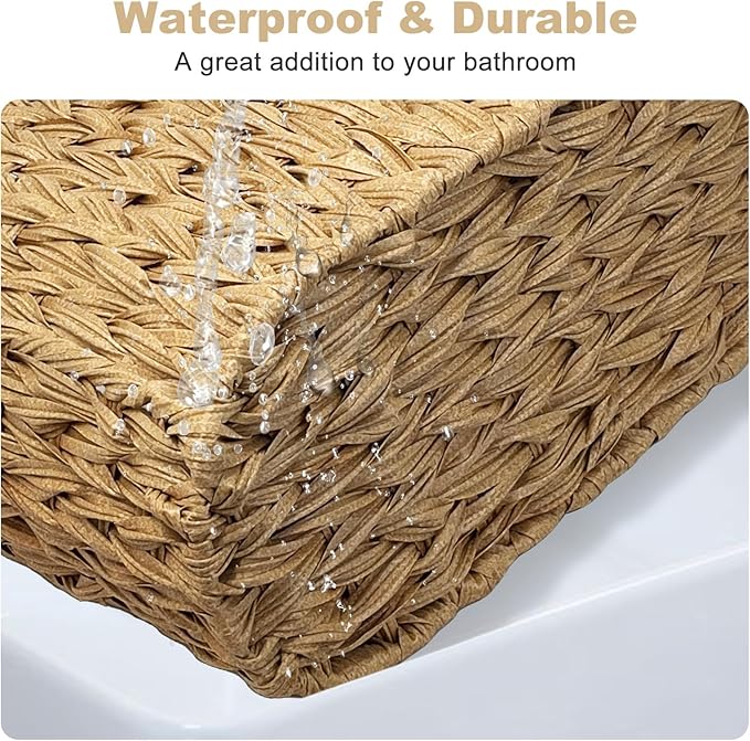 Toilet Paper Basket for Bathroom, Large Storage for 6 Mega Rolls, Free Standing Wicker-Style Toilet Paper Holder Organizer, Boho Decorative Bathroom Bin, 15.75" x 6.5" x 9.45" (Nature)