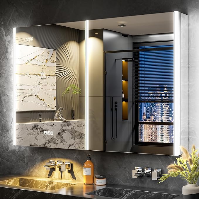 48x32 Lighted Medicine Cabinet Mirror with Magnifying & Night Lamp, 155° Soft-Close Hinge, Surface or Recessed Medicine Cabinet with Lights & Outlet, GFCI,Time Display& Inner Light,Hardwired