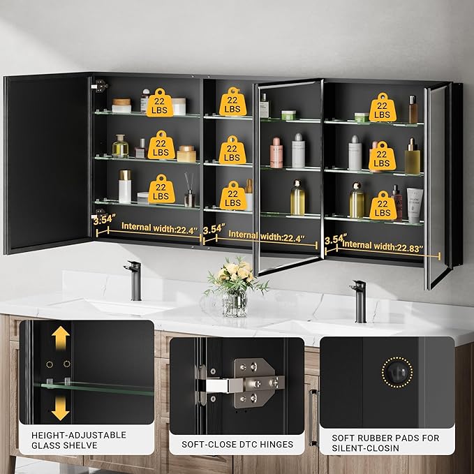 72x30 Pre-Assembled Black Medicine Cabinet with Mirror, Surface or Recessed Medicine Cabinet Mirror for Bathroom, Aluminum Beveled Frame Bathroom Vanity Mirror with Adjustable Shelves Storage
