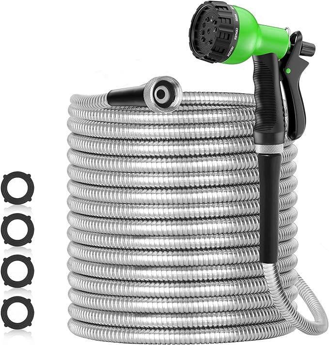 SPECILITE 150ft 304 Stainless Steel Garden Hose Metal, Heavy Duty Water Pipe with Nozzles for Yard, Outdoor - Flexible, Never Kink & Tangle, Puncture Resistant (Sliver)