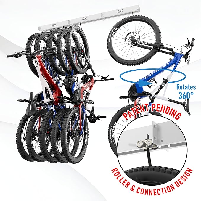USA Based Ceiling Bike Hanger Slide Mount Up To 6 Bikes, Sliding Garage Bicycle Storage, 51" Heavy Duty Hanging Hook Racks 450lbs Limit, Overhead Mounted Hangers for Storing Bicycles | White