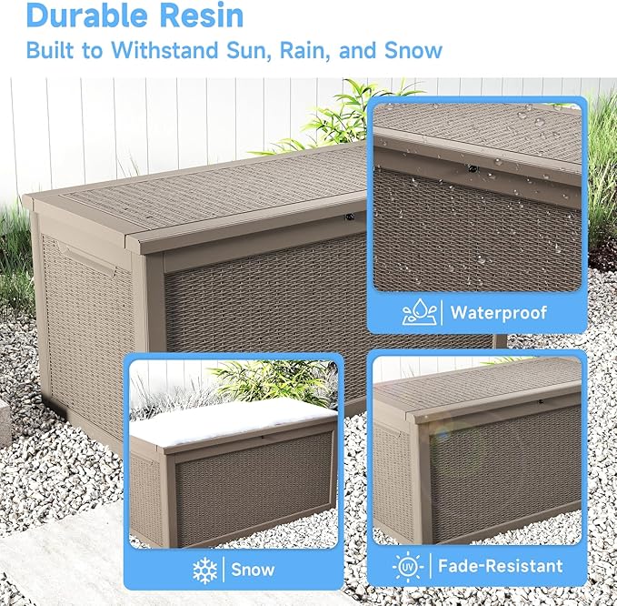 320 Gallon Deck Box Large Outdoor Storage Box Waterproof for Patio Furniture,Outdoor Cushions,Garden Tools and Pool Supplies,Weatherproof(Grey,320Gallon)