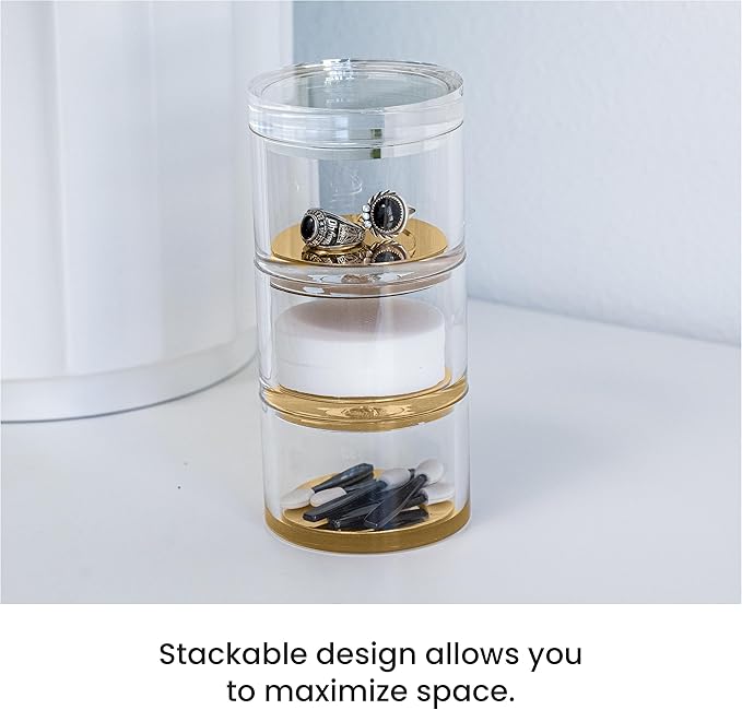 OfficeGoods 3-Tier Stackable Acrylic Holder- Stylish Desk Organizer and Storage for Office or Home – Transparent Round Design with Gold Metal Base