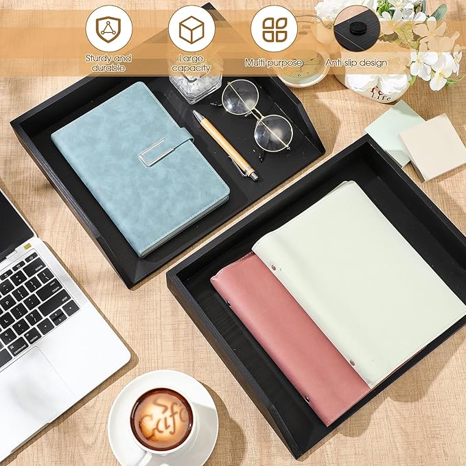 2 Pcs Wooden Letter Tray Wood Letter-Size Desk Organizer Heavy Duty 2 Tier Stackable Support Paper Tray Desktop Drawer File Folder Magazine Office Accessories Back to School(Black)