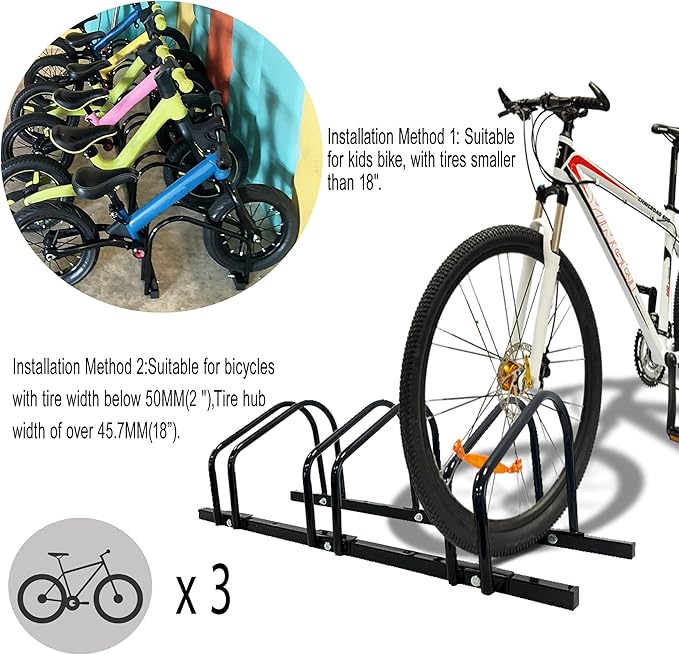 XINYI Bike Rack Floor, Bike Stand Garage, Indoor/Outdoor Bike Rack Garage,22-28" Wheel Stand, Max. Tire Width 2.1", Front/back Bike Stand For Mountain, Road and Kids Bikes for 3 Bikes