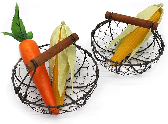 CVHOMEDECO. Chicken Wire Egg Baskets Rust Gathering Baskets with Wooden Handle Country Vintage Style Storage Baskets. Set of 2 (Round)