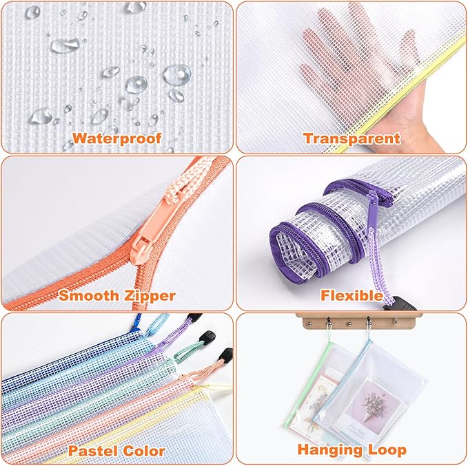 Mesh Zipper Pouch Bags: Clear Zipper Pouches for Classroom, Plastic Mesh Bag Letter Size Document Pouch, A4 Waterproof Organizing Pouch for School and Office Supplies (13.5 x 9.5Inch, 12PCS, 6 Color)