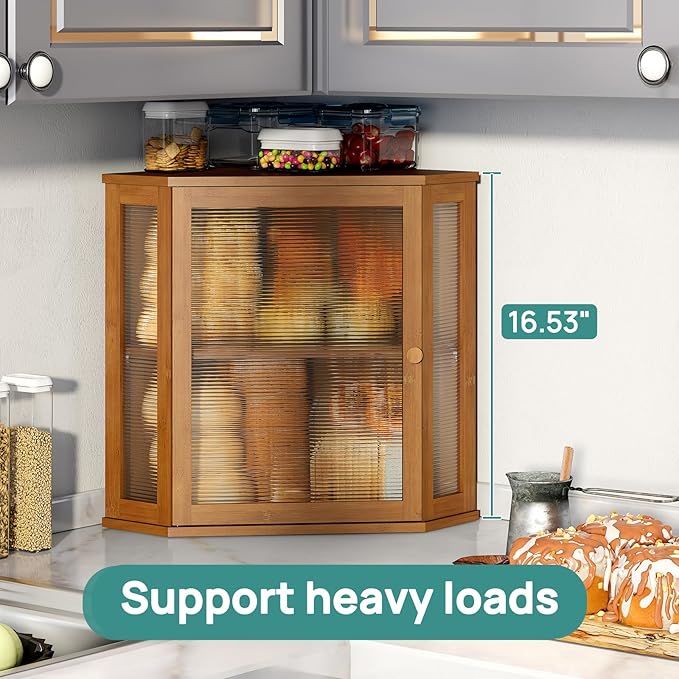 Corner Bread Box for Kitchen Counter, Bamboo Wood Large Capacity Bread Storage Bin with Acrylic Wavy Door Panel (Brown, Extra Large)