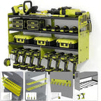 4-Tier Heavy Duty Power Tool Organizer, 600lbs Capacity Reinforced Steel Drill Rack with Side Accessory Mounting Studs, High-Visibility Wall Mount Storage, Fluorescent Green