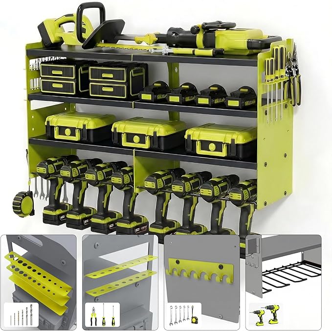 4-Tier Heavy Duty Power Tool Organizer, 600lbs Capacity Reinforced Steel Drill Rack with Side Accessory Mounting Studs, High-Visibility Wall Mount Storage, Fluorescent Green