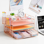 Lavatino 4-Tier Desk Paper Letter Tray Organizer for Desk Accessories & Workspace Organizers with Drawer and 2 Pen Holder for Home, School, Office Supplies Storage (Rose Gold)