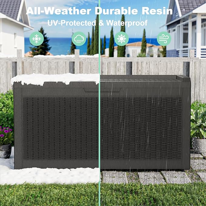 DRATO 70 Gallon Deck Boxes Outdoor Waterproof, Resin Large lockable Storage Box for Patio Furniture Side Table, Waterproof Storage Containers for Pool and Garden Accessories(70 Gallon, Black)