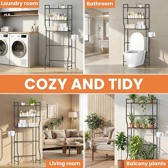 Over The Toilet Storage, 3-Tier Heavy Duty Metal Bathroom Organizer and Storage Rack, Space-Saving Above Toilet Cabinet Shelf with Paper Holder & 4 Hooks, Black
