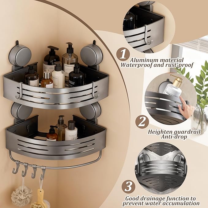 Corner Shower Caddy Bathroom Organizer,2-Packed Gray No-Drilling Aluminum Suction Cup Corner Shower Shelf with Towel Bar and Hooks,Moder Wall Shower Organizer and Storage Decor