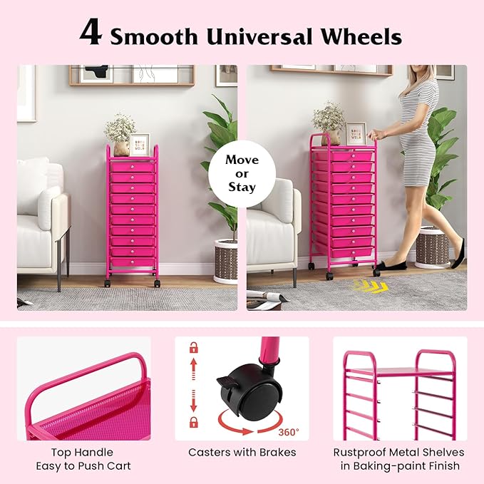 Storage Cart, Rolling Utility Cart with 10 Drawers, Portable Handles & Lockable Wheels, Mobile Paper Toys Storage Organizer Large Capacity for Home Office School Teacher (Hot Pink)