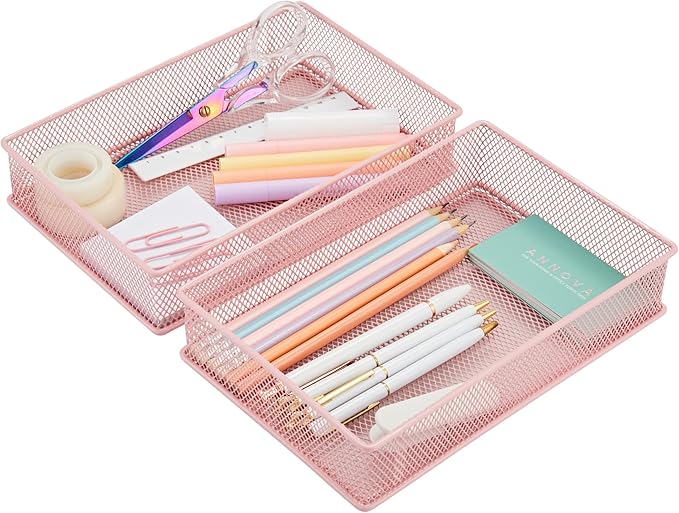 Annova Mesh Stackable Drawer Cabinet and Shelf Organizer Bins Storage Basket School Office Supply Holder Tray- Set of 2 (Light Pink, 6x9x2 Inch)