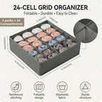 Gray 24 Grid 3 Pack Foldable Underwear Sock Storage Organizer, Non-Woven Fabric Closet Drawer Divider Bins for Socks, Ties, Baby Clothes, Dresser & Wardrobe Organization Boxes (Grey 3 Pack)