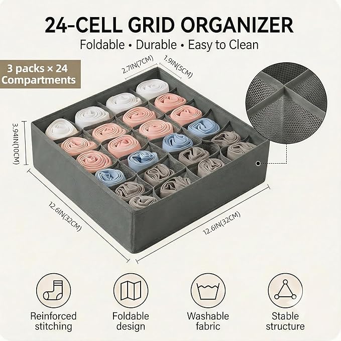 Gray 24 Grid 3 Pack Foldable Underwear Sock Storage Organizer, Non-Woven Fabric Closet Drawer Divider Bins for Socks, Ties, Baby Clothes, Dresser & Wardrobe Organization Boxes (Grey 3 Pack)
