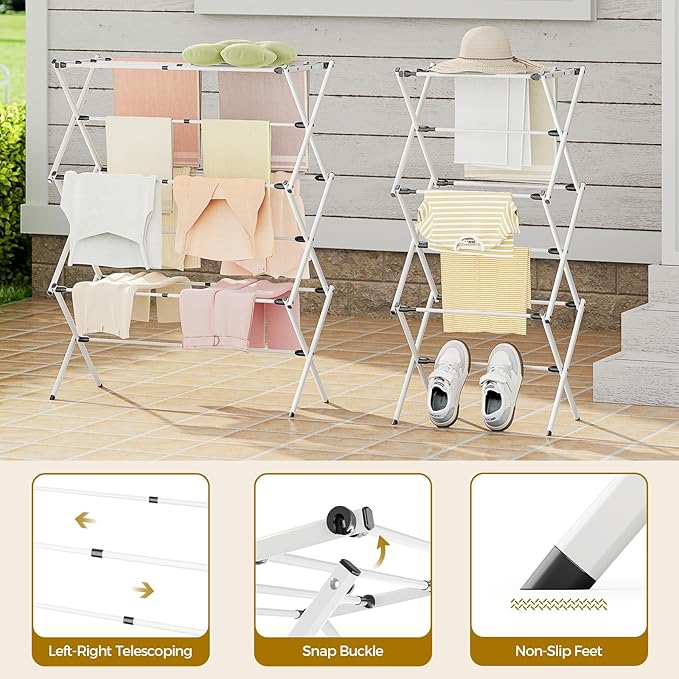 APEXCHASER Clothes Drying Rack with 4 Wings, Stainless Steel Drying Rack Clothing with Height-Adjustable, Foldable Gullwings Laundry Drying Rack, Indoor Outdoor Use, No Assembly, Regular Blue