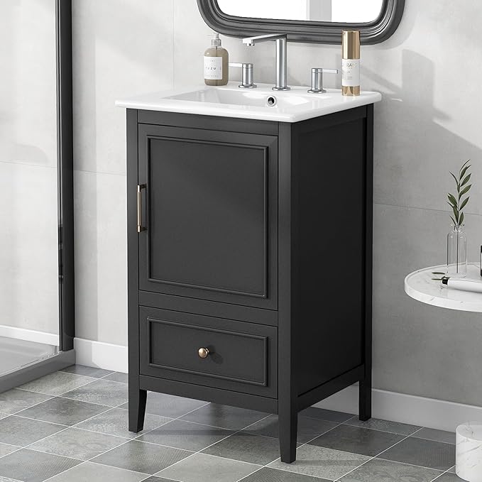 20 in Small Bathroom Vanity with Sink,Wood Modern Single Bathroom Sink Cabinet with Soft Closing Door and Drawer,Freestanding Black