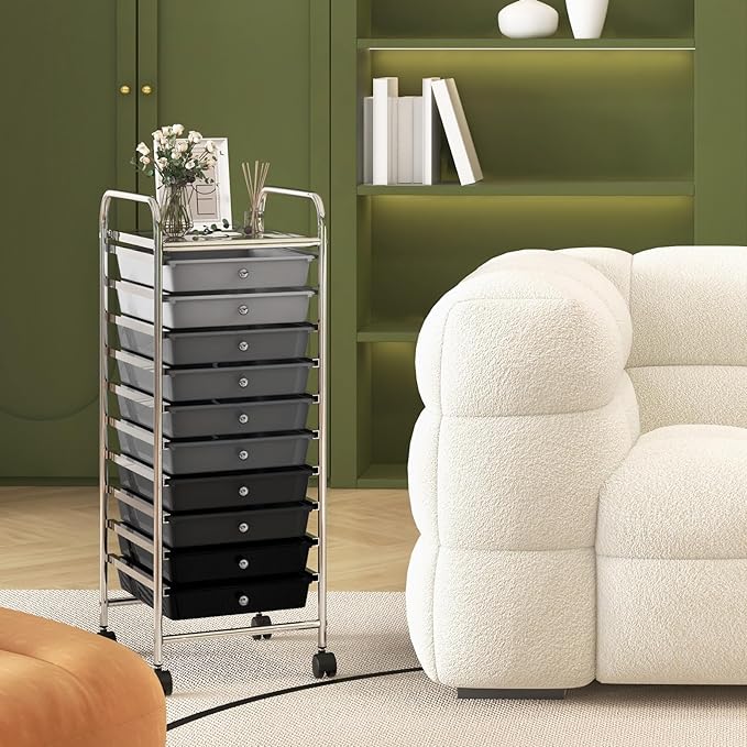 GOFLAME 10-Drawer Rolling Storage Drawer Cart, Utility Cart with Removable Drawers & Metal Frame, Mobile Art Craft Drawer Cart with Lockable Wheels for Home, Office, Studio, School, Gray Gradient