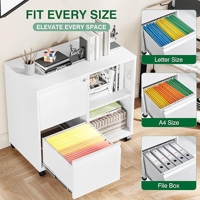 Metal 2 Drawer File Cabinet with Side Hook, Lockable Lateral Filing Cabinet for Letter/A4/Legal Size Files,Rolling Printer Stand with Adjustable Shelf & Lockable Wheelss for Home Office(White)