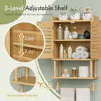 AmazerBath Bathroom Wall Cabinet, Bamboo Over The Toilet Storage Cabinet, Hanging Medicine Cabinets with Towel Bar, Wall Mounted Storage Shelf with Adjustable Shelves for Small Spaces