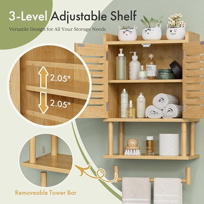 AmazerBath Bathroom Wall Cabinet, Bamboo Over The Toilet Storage Cabinet, Hanging Medicine Cabinets with Towel Bar, Wall Mounted Storage Shelf with Adjustable Shelves for Small Spaces