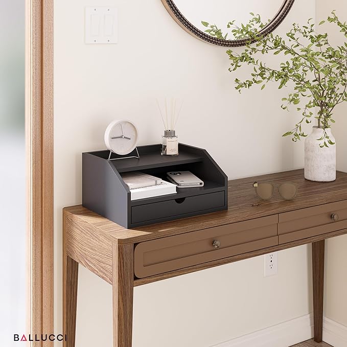 Ballucci Desk Organizer with Drawer, 2 Tier Paper Office Supplies Desk Organizer, 13 2/5" x 9 3/5" x 6", Black