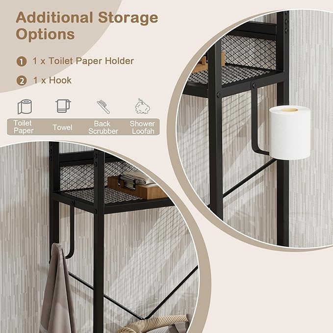 Tangkula Over The Toilet Storage Cabinet, 5-Tier Space Saver Above Toilet with 2 Mesh Doors, Metal Stand, Toilet Paper Holder & Hook, Freestanding Bathroom Cabinet Organizer for Laundry, Black