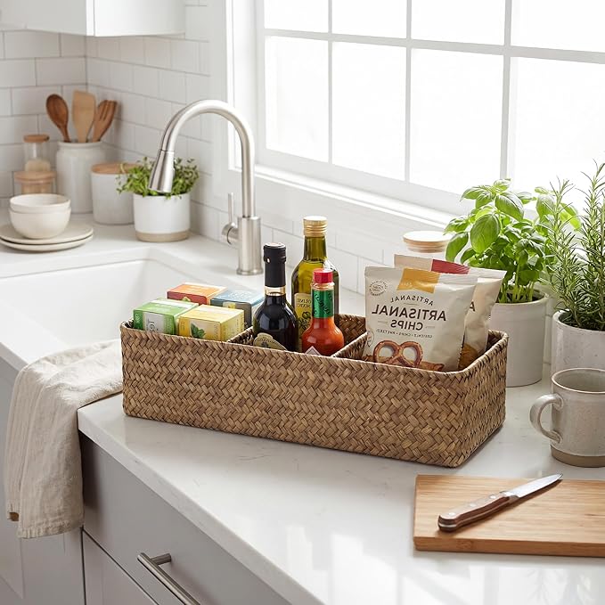StorageWorks Toilet Paper Basket for Back of Toliet， Bathroom Basket with 3 Enlarged Compartments, Seagrass Toilet Paper Storage Baskets, 16½"x 5½"x 5½", Brown, 2-Pack