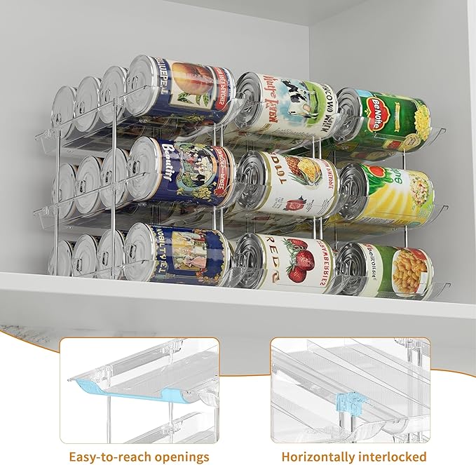Can Organizer For Pantry Canned Food Goods Organizer For Cabinet Clear Automatic Rolling Can Storage Organizer Pantry Holders Rack, Holds Up to 36 Cans