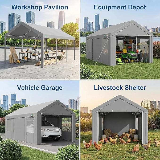 COBIZI 10x20 FT Heavy Duty Carport with Galvanized Frame, Carport Canopy with Roll-up Windows, Storage Tent with Removable Sidewalls & Doors, Built-in Sandbags for Car Boat Truck, Gray