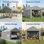 COBIZI 10x20 FT Heavy Duty Carport with Galvanized Frame, Carport Canopy with Roll-up Windows, Storage Tent with Removable Sidewalls & Doors, Built-in Sandbags for Car Boat Truck, Gray