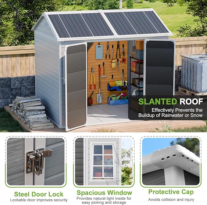 WACASA 8x6 FT Resin Plastic Shed with Floor, Heavy-Duty 21-Gauge Reinforced Steel Frame, 16mm Ultra-Thick Panels, Outdoor Storage Sheds with Awning Windows and Air Vents