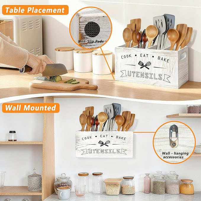 Large and Durable Retro White Wooden Kitchen Utensil Holder - Ideal Kitchen Counter Decor for Party, Counter & More （Retro White 4 Compartment）