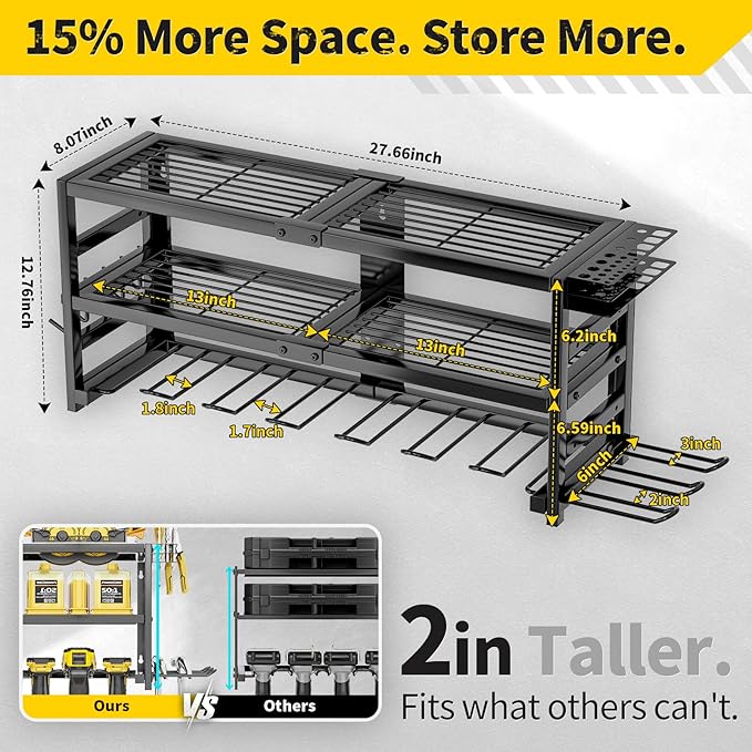 Power Tool Organizer Wall Mount Heavy Duty 320 lbs, 3 Layers Storage Rack with 9 Drill Holders & Battery Storage, cordless tool organizer for Garage, Workshop & Tool Room