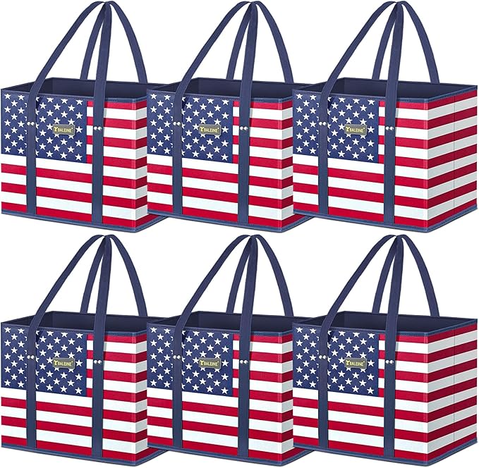BALEINE 6Pk Reusable Grocery Bags, Foldable Shopping Bags for Groceries with Reinforced Bottom & Handles (Patriot Celebration)