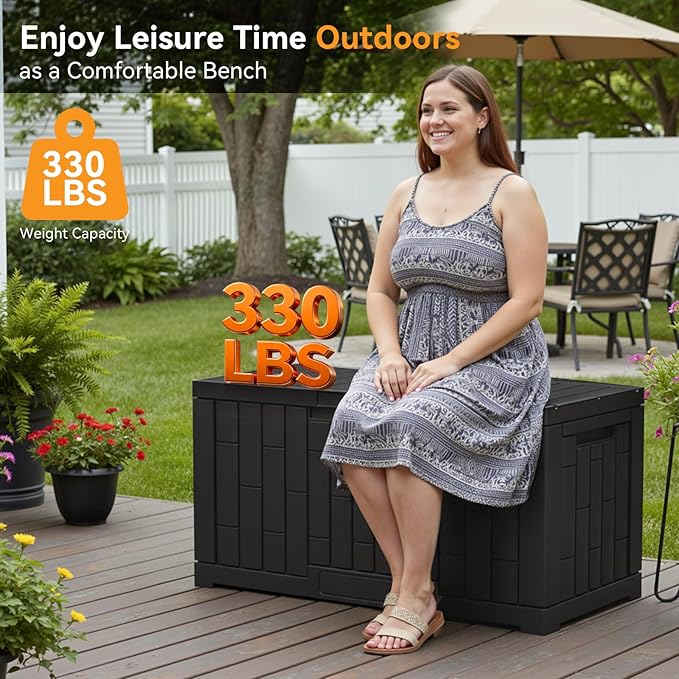 DUMOS 60 Gallon Deck Box, UV Resistant Waterproof Storage Bin for Patio Cushions Gardening Tools, Lockable Resin Outdoor Storage Box with Hundles, Black